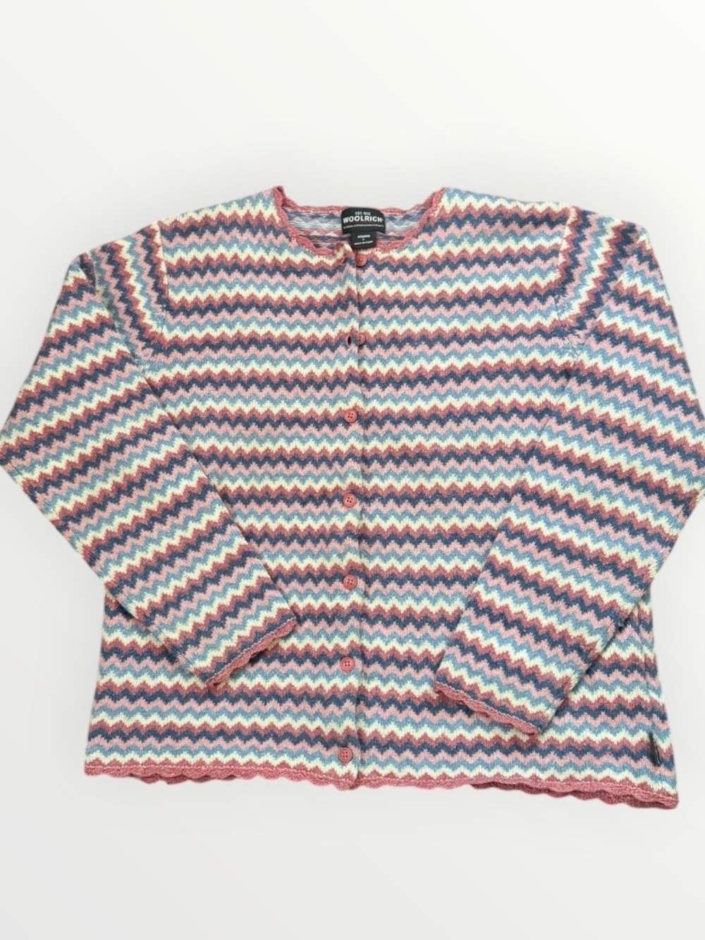 VINTAGE Woolrich 100% Lambswool Chevron Cardigan Sweater Women’s L Pink Blue
